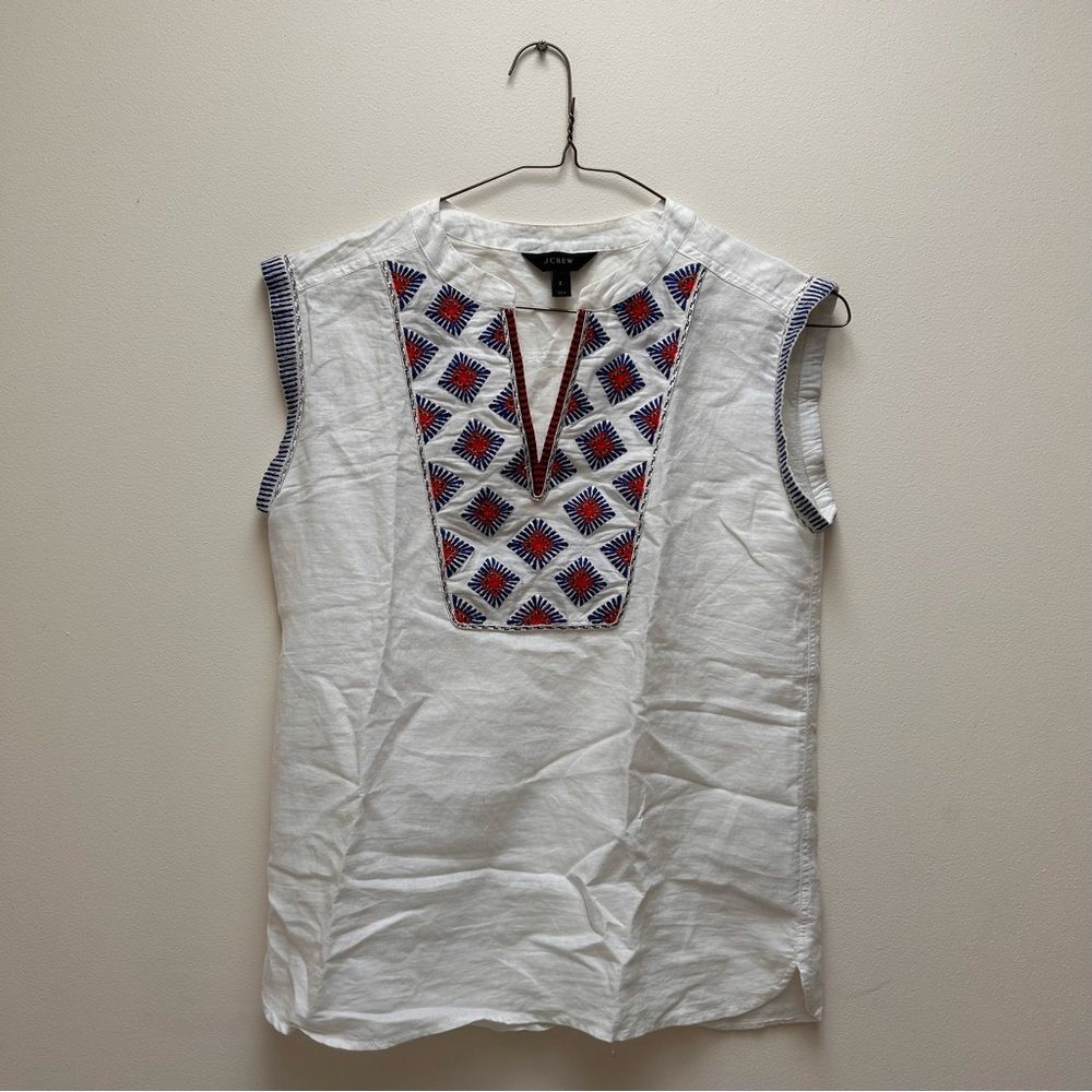 J.Crew White Linen Cotton Cap-Sleeve Red Blue Silver Embroidered Patterned Top
